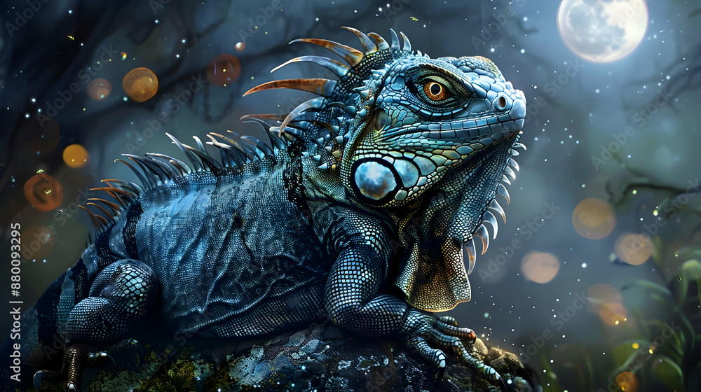 Blue Iguana Illustration With Moonlight And Bokeh Blue Iguana Illustration With Moonlight And Bokeh