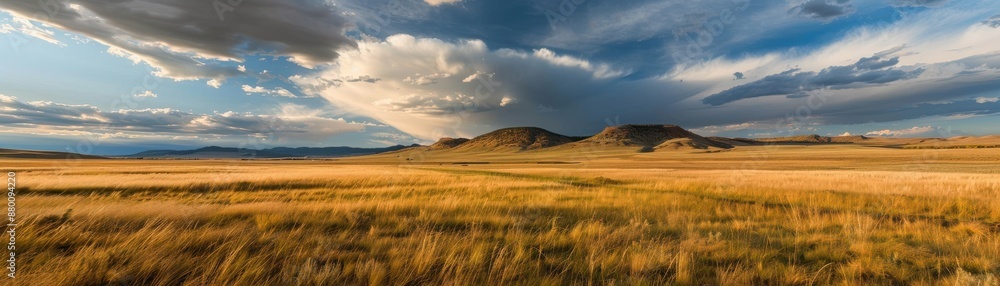 Stunning panoramic view of a vast golden field under a dramatic cloudy sky, perfect for nature, landscape, and outdoor themes. Stunning panoramic view of a vast golden field under a dramatic cloudy sky, perfect for nature, landscape, and outdoor themes.