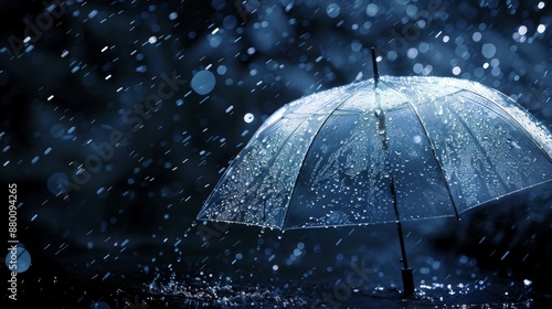 Transparent umbrella under rain against water drops splash background. Rainy weather concept © JH