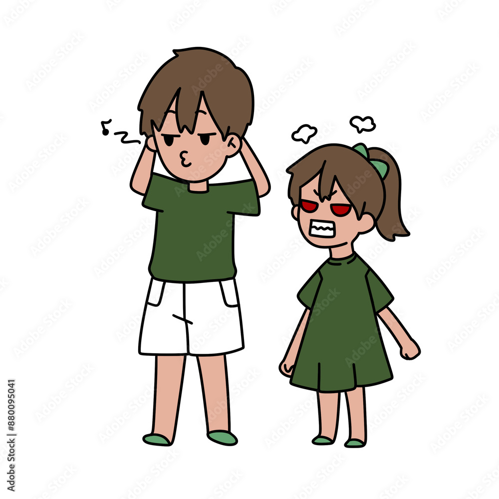 Two children are standing next to each other, one of them is angry Two children are standing next to each other, one of them is angry