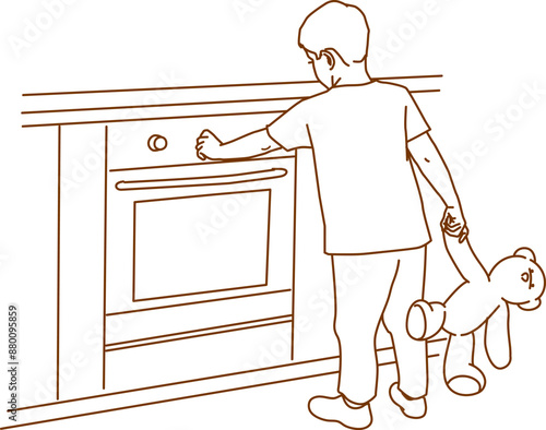little boy playing with electric oven at home