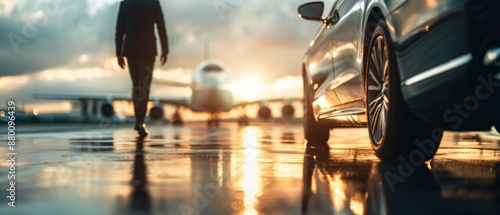 A luxury car providing exclusive airport transfer service, parked near a private jet at sunset, with the driver walking towards the plane