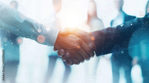 Business leaders forming strategic partnerships with a handshake, symbolizing collaboration and mutual success with a digital network overlay in the background.

