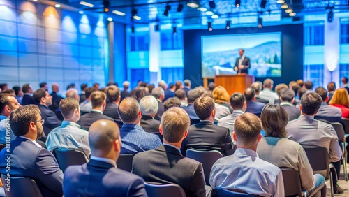 Rear view of Audience listening Speakers on the stage in the conference hall or seminar meeting, business and education about investment concept © Matan