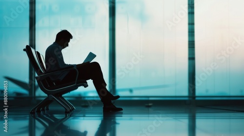 Silhouette of a businessman sitting in an airport terminal checking travel documents. with a plane visible through a large glass window in the background.