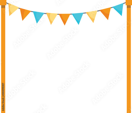Colorful triangle party flags hanging on a string decoration isolated on white background