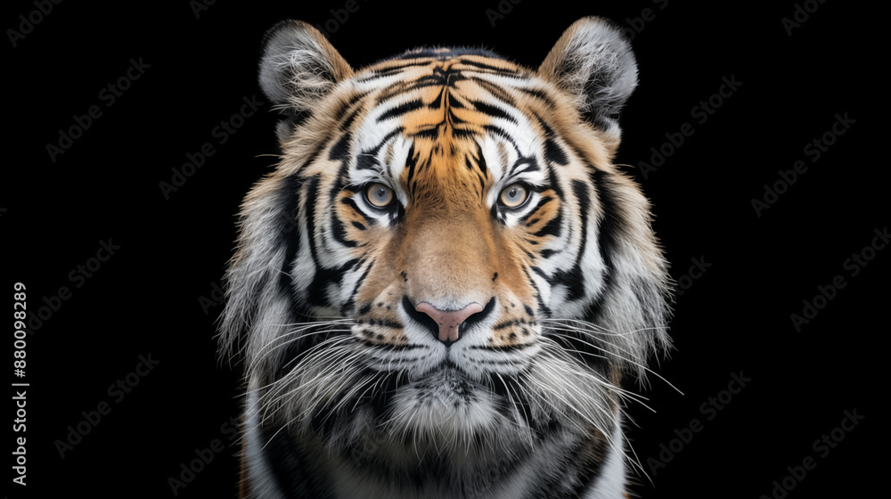 Fototapeta premium サイベリアンタイガーの顔をクローズアップした黒背景のポートレート風リアルイラスト