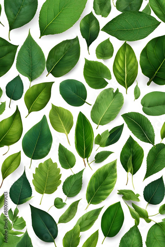 A vibrant collection of various green leaves arranged neatly on a white background. This high-resolution image showcases an array of leaf shapes and sizes, highlighting the diversity and beauty of nat