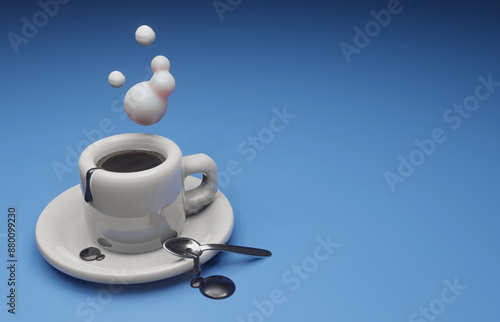 3d render coffee cup with blue background, side for text column