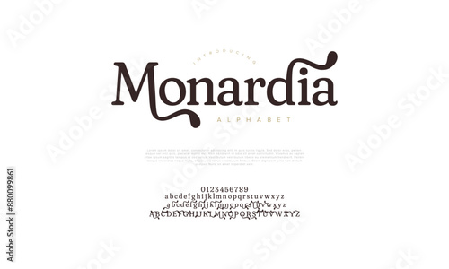 Monardia premium luxury elegant alphabet letters and numbers. Vintage wedding typography classic serif font decorative vintage retro. creative vector illustration