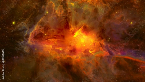 Alien galaxy concept. Traveling through outer space background. Bright orange and yellow Galaxy Nebula on black background. Abstract space background. Universe, galaxy, constellation.