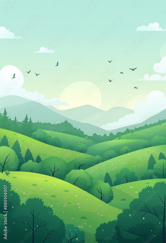 緑の山 漫画スタイル ミニマリストフラットベクター背景 緑の山 漫画スタイル ミニマリストフラットベクター背景