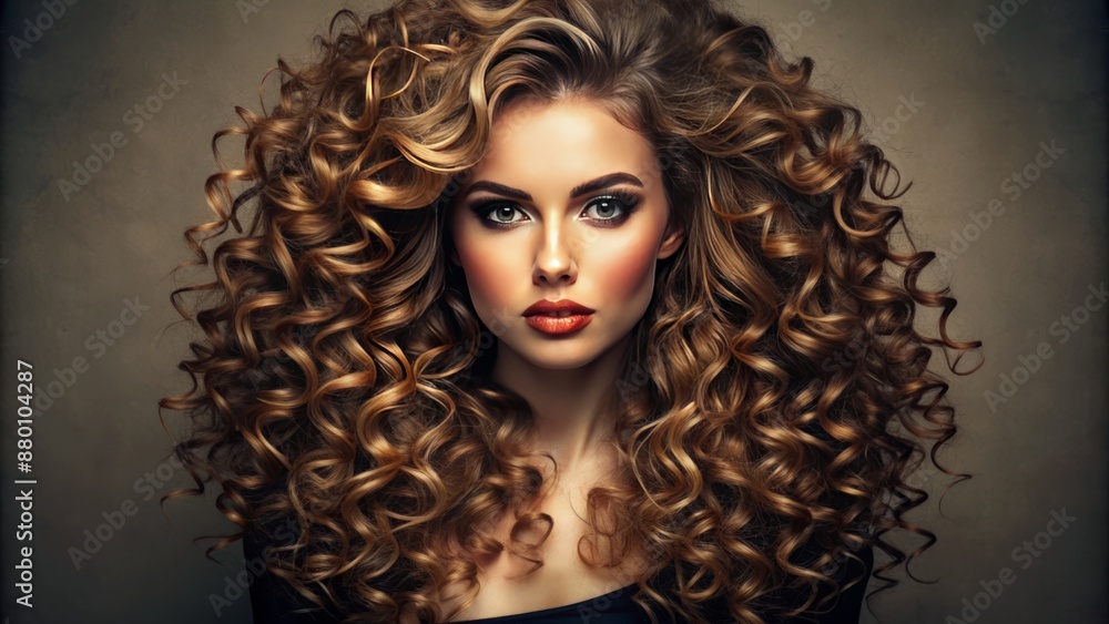 Studio portrait of a woman with a voluminous blowout and curls. Studio portrait of a woman with a voluminous blowout and curls.