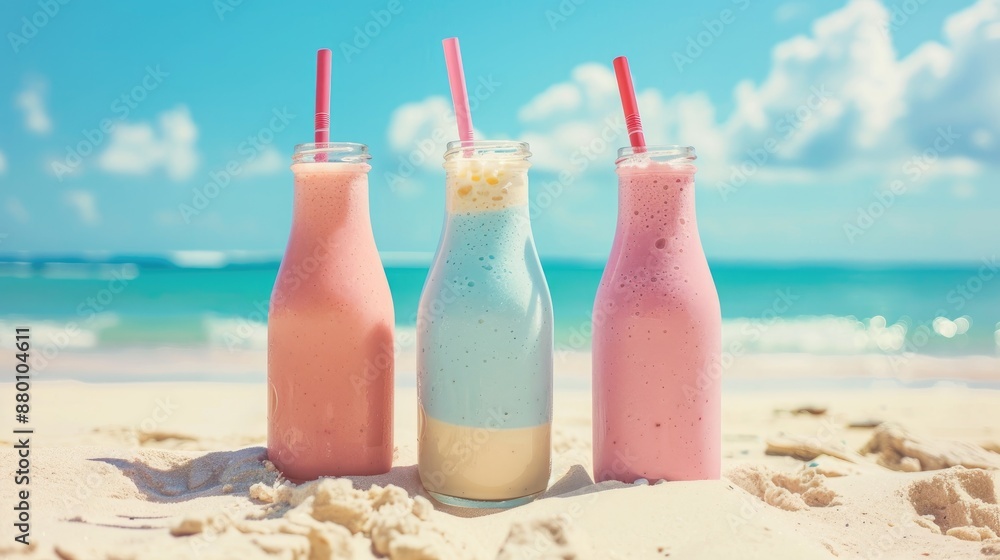 Delicious milkshakes in three bottles on sandy summer beach Delicious milkshakes in three bottles on sandy summer beach