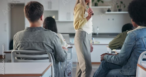 Student, classroom and smartphone in lesson for discipline issue, disruptive people and browse social media. Education, academy and teacher confiscate distraction, school policy and mobile violation