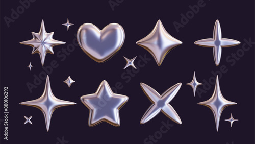 Set of 3D shapes in chrome, including a silver liquid star and a glossy heart sticker in a futuristic metal style. 3D chrome art at its finest.