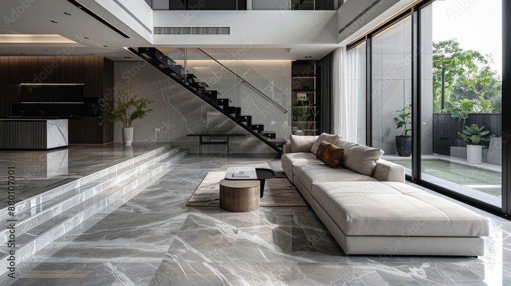 Elegant modern living room featuring marble flooring, stylish furniture, and large windows with natural light. Elegant modern living room featuring marble flooring, stylish furniture, and large windows with natural light.