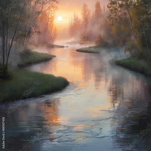 Experience the serene beauty of a sunset over a tranquil river surrounded by misty trees. This peaceful landscape photograph captures nature's calm and elegance.