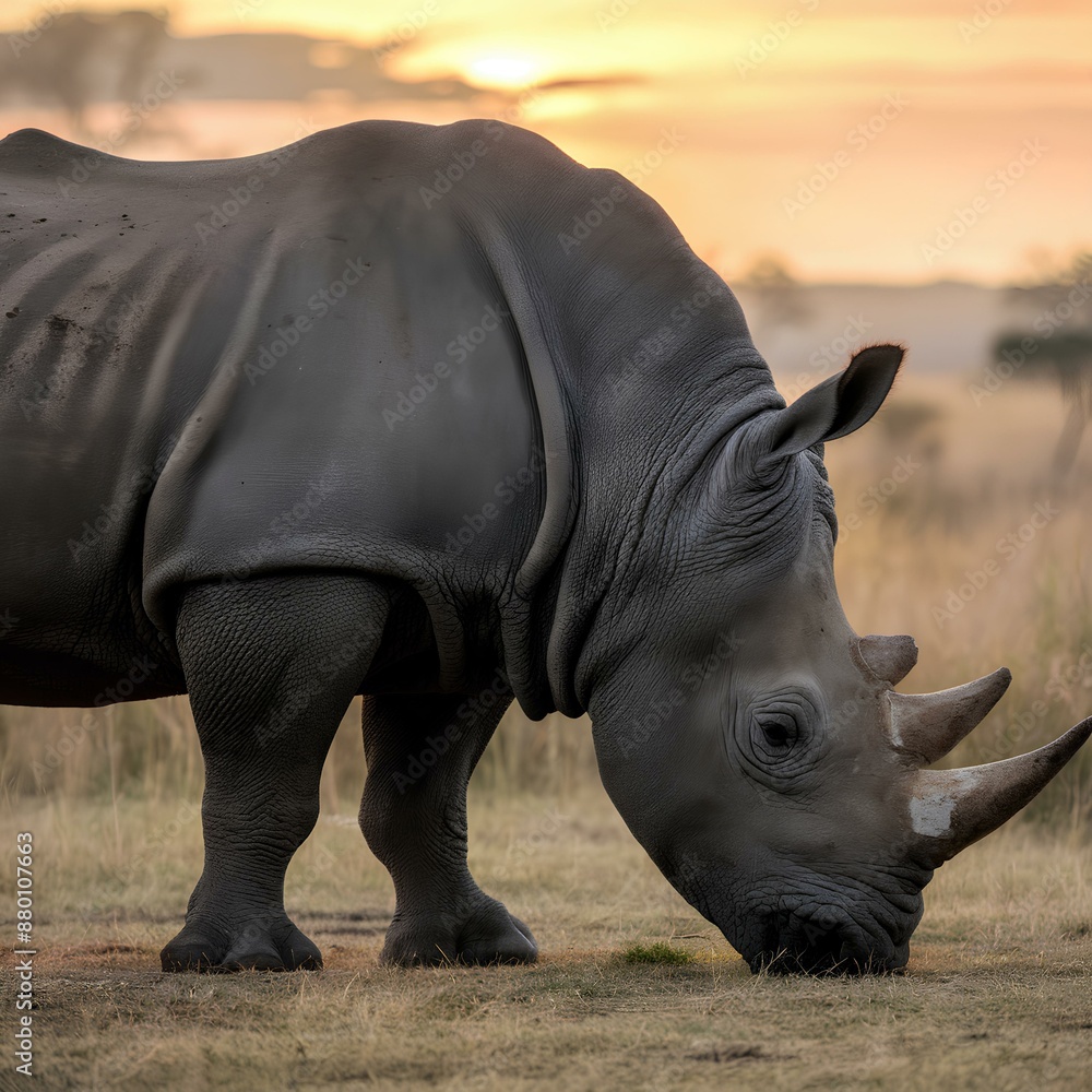 Fototapeta premium A majestic rhino grazes peacefully in a savanna at sunset. The warm glow of the setting sun highlights the rhino's powerful build and serene presence, creating a captivating wildlife scene.