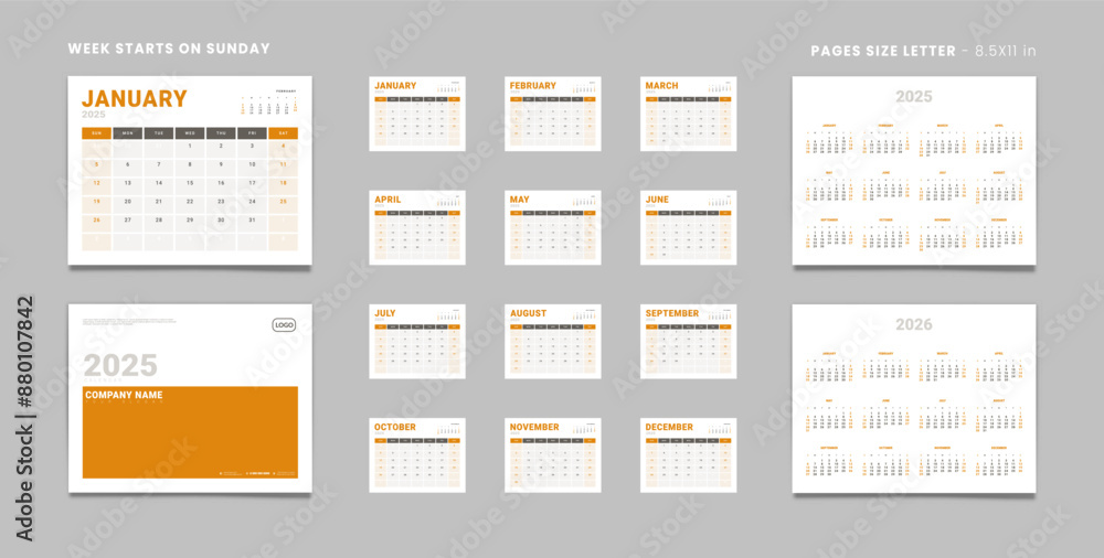 Set of 2025 Pages Monthly Calendar Planner Templates, Cover with Place for Photo, Company Logo, Annual 2025-2026. Calendar Vector pages size Letter-8.5x11in with 2 weekend for print Week start Sunday Set of 2025 Pages Monthly Calendar Planner Templates, Cover with Place for Photo, Company Logo, Annual 2025-2026. Calendar Vector pages size Letter-8.5x11in with 2 weekend for print Week start Sunday