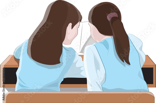 two schoolgirls chatting in classroom during lesson