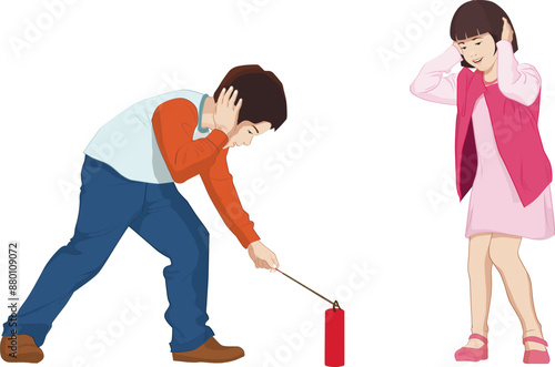  tet holiday luna, two vietnam kids burn firecrackers 