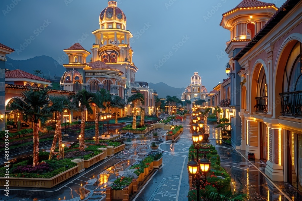 Emphasizes the opulence and grandeur of a modern casino resort, a destination for luxury and entertainment.