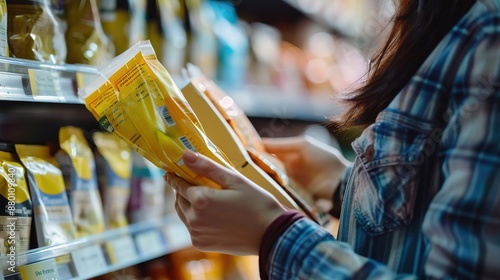 Close-up of an individual carefully reading ingredient labels on food packaging to avoid allergens, highlighting the importance of allergen awareness and prevention in everyday life.