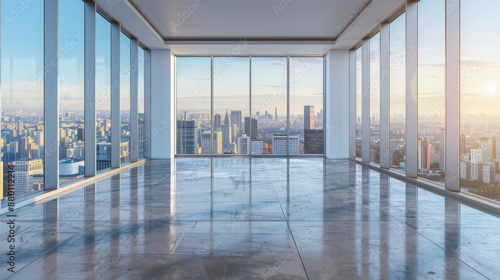 Fototapeta premium Spacious empty room with large windows overlooking a bustling cityscape during the day Generative AI