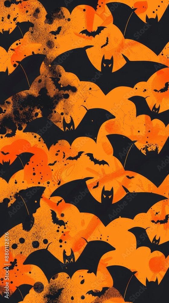 Naklejka premium Halloween Night Bats Pattern - Halloween-Themed Background with Flying Bats on Orange and Black