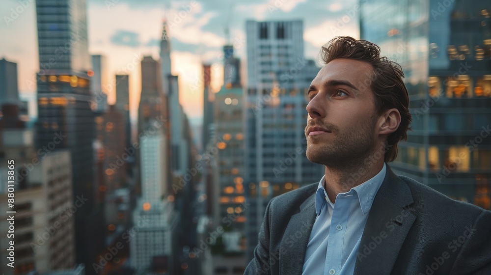 Portrait of Ambition: Man Contemplating Career Success Against City Skyline, Symbolizing Professional Determination and Aspiration. Portrait of Ambition: Man Contemplating Career Success Against City Skyline, Symbolizing Professional Determination and Aspiration.