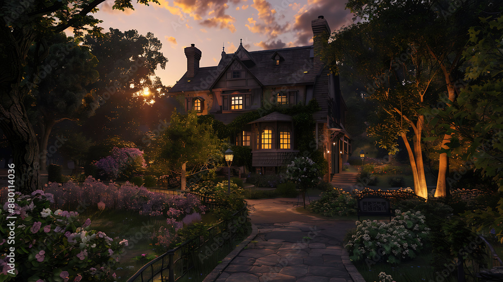A cozy, warmly-lit home embraced by twilight, with manicured gardens and inviting pathways A cozy, warmly-lit home embraced by twilight, with manicured gardens and inviting pathways