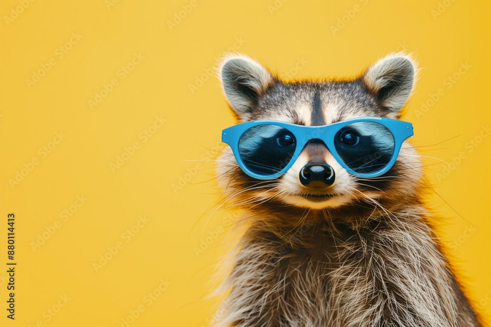 raccoon wearing sunglasses and a blue cap. The raccoon is smiling and looking at the camera raccoon wearing sunglasses and a blue cap. The raccoon is smiling and looking at the camera