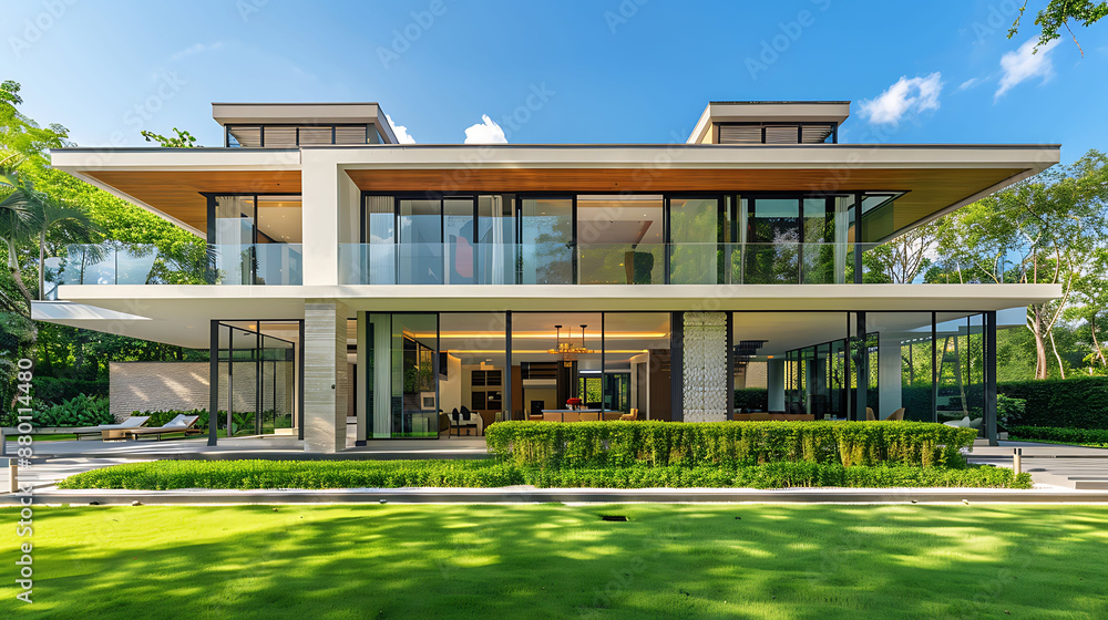 A grand modern luxury home with sleek lines, large glass windows, and a meticulously landscaped garden A grand modern luxury home with sleek lines, large glass windows, and a meticulously landscaped garden