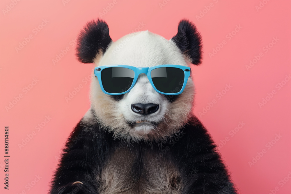 panda bear wearing sunglasses and a blue pair of glasses. The bear is looking at the camera with a serious expression panda bear wearing sunglasses and a blue pair of glasses. The bear is looking at the camera with a serious expression