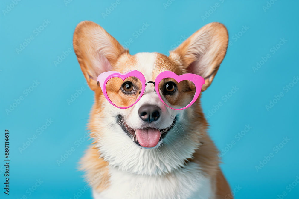 dog wearing sunglasses and a smile on blue background. dog wearing sunglasses and a smile on blue background.
