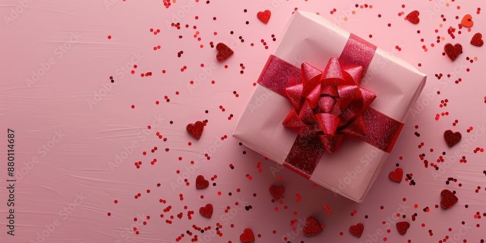 A pink box with a red bow on top of it is surrounded by red and pink confetti A pink box with a red bow on top of it is surrounded by red and pink confetti
