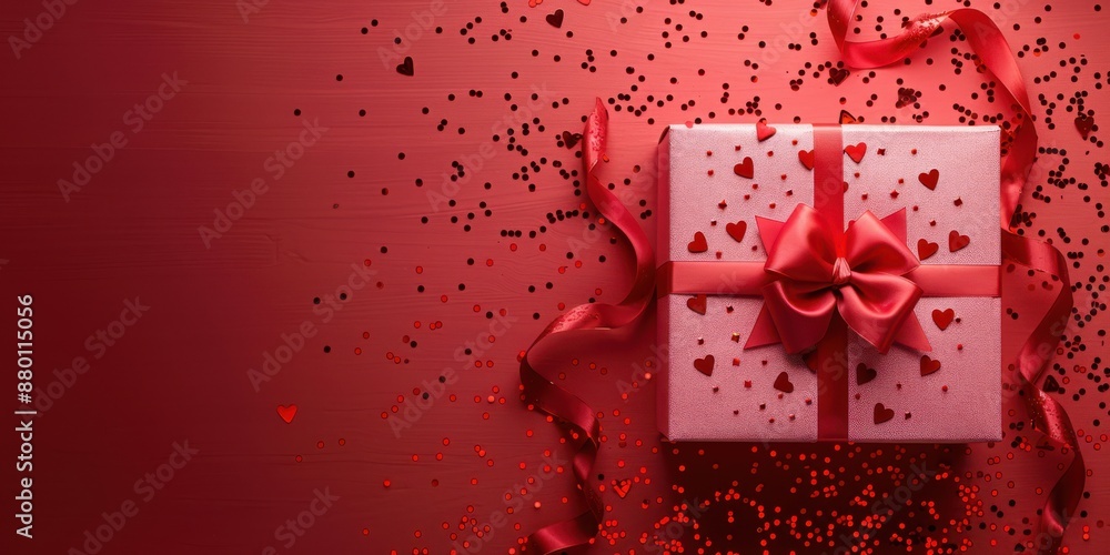 A red box with a bow on top of it is surrounded by red confetti A red box with a bow on top of it is surrounded by red confetti