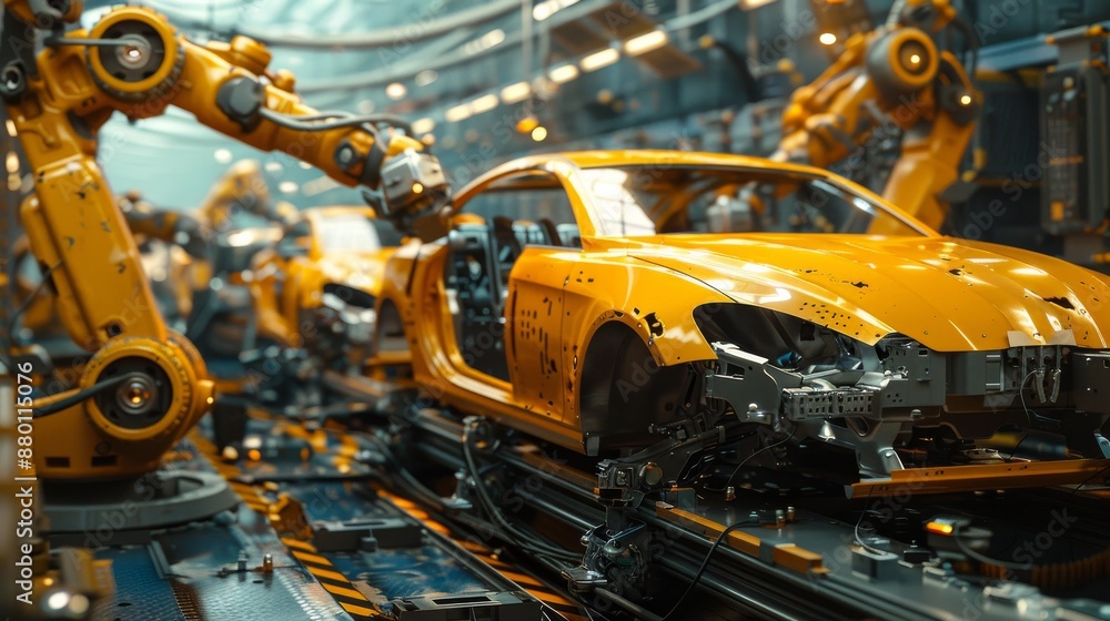 Advanced Car Production Line: Robotic Arms Assembling Half-Complete Vehicle Shells in an Industrial Factory. Advanced Car Production Line: Robotic Arms Assembling Half-Complete Vehicle Shells in an Industrial Factory.