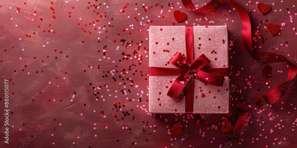 Fototapeta premium A red box with a red ribbon sits on a red background