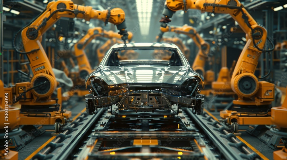 Advanced Car Production Line: Robotic Arms Assembling Half-Complete Vehicle Shells in an Industrial Factory. Advanced Car Production Line: Robotic Arms Assembling Half-Complete Vehicle Shells in an Industrial Factory.