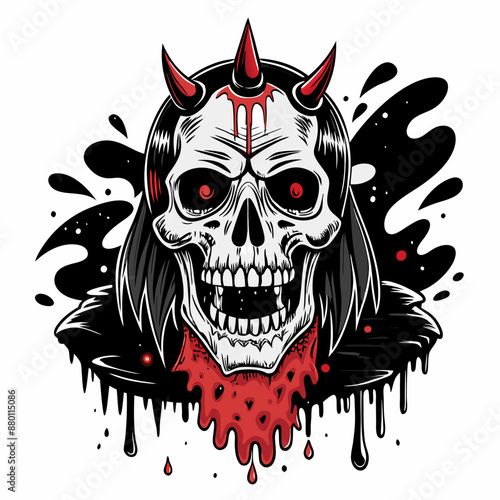 Gothic Skull with Red Horns and Black Hair in Blood Splatter Background   Horror Art Illustration