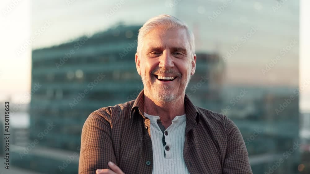 Mature man, city and smile in balcony with arms crossed in confidence as property developer. Real estate, project manager and happy on portrait for urban development with pride for career growth Mature man, city and smile in balcony with arms crossed in confidence as property developer. Real estate, project manager and happy on portrait for urban development with pride for career growth
