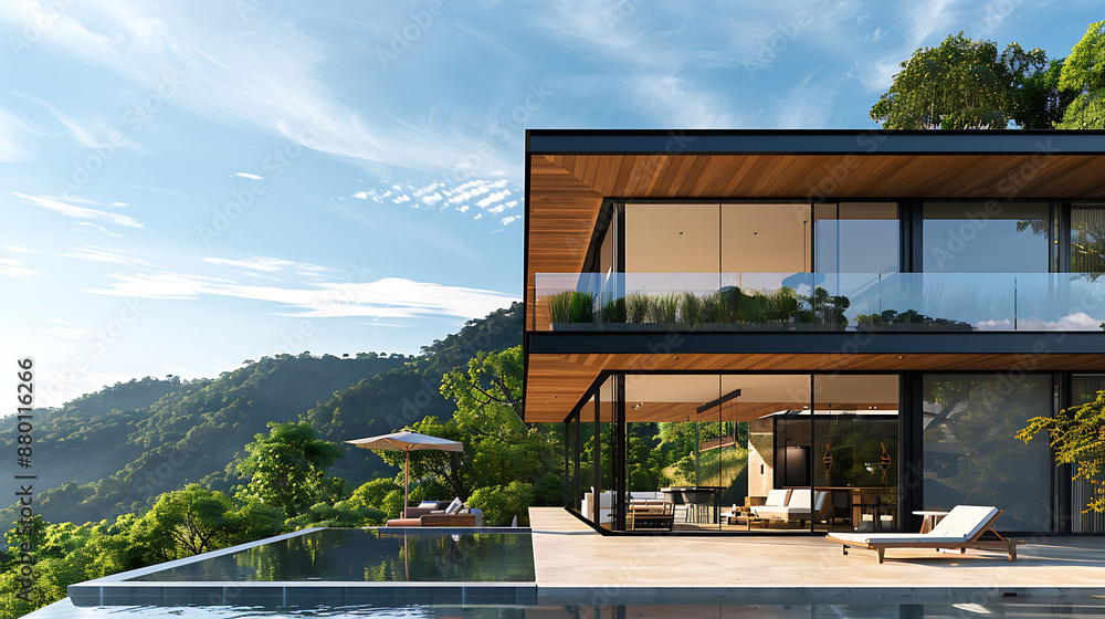A modern luxury home exterior with sleek lines and floor-to-ceiling windows overlooking a serene natural landscape A modern luxury home exterior with sleek lines and floor-to-ceiling windows overlooking a serene natural landscape