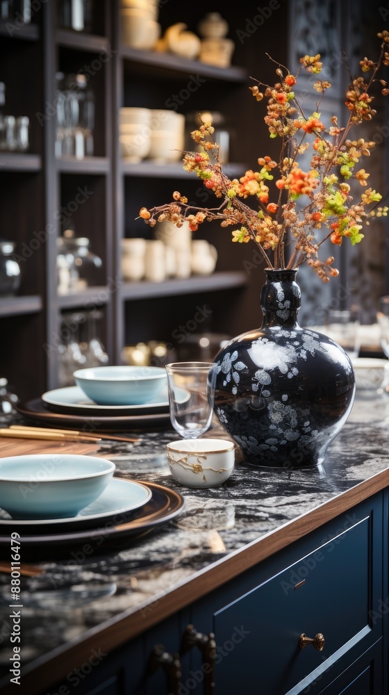 a table with plates and vases on it and a vase with flowers in it. a table with plates and vases on it and a vase with flowers in it.