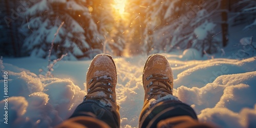 Tranquil Winter Forest Adventure at Sunset with Snow Covered Boots