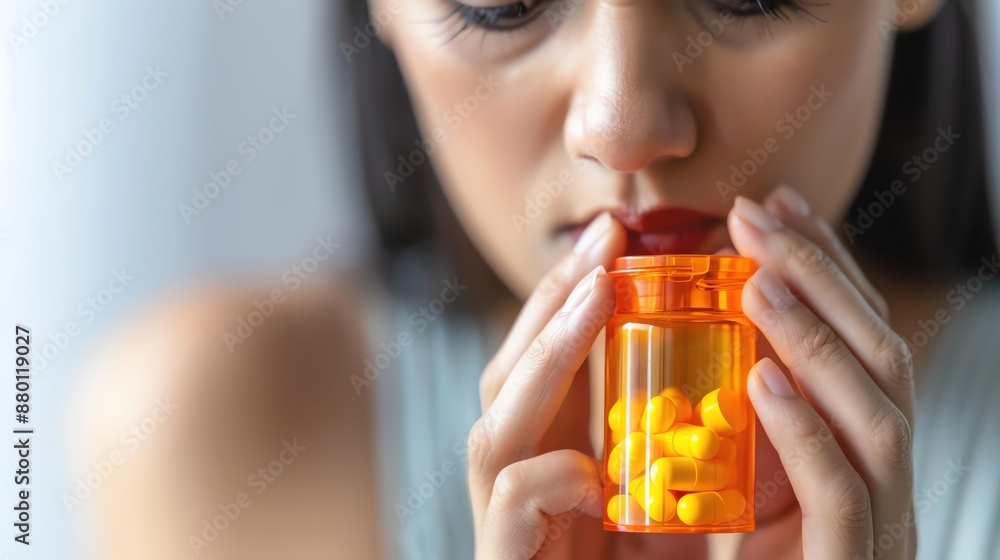 Woman holding a prescription bottle with yellow pills, reflecting on medication and healthcare with a worried expression. Woman holding a prescription bottle with yellow pills, reflecting on medication and healthcare with a worried expression.