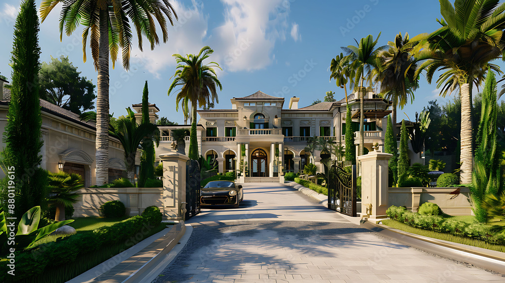 A stately luxury mansion with a stone facade, elegant balconies, and a sprawling driveway lined with palm trees A stately luxury mansion with a stone facade, elegant balconies, and a sprawling driveway lined with palm trees