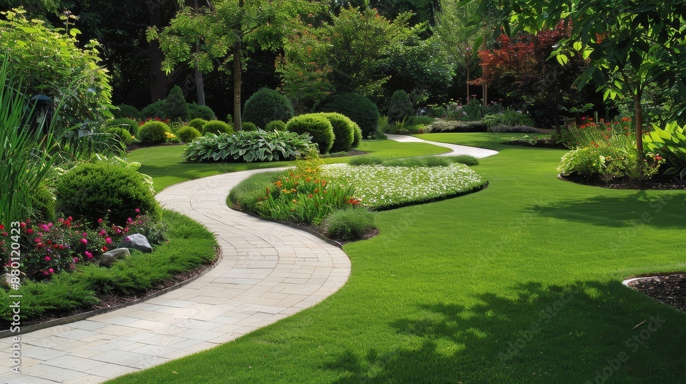 Charming landscape with curvy, winding paths, lush greenery and vibrant flowers, creating a serene and picturesque appearance Charming landscape with curvy, winding paths, lush greenery and vibrant flowers, creating a serene and picturesque appearance