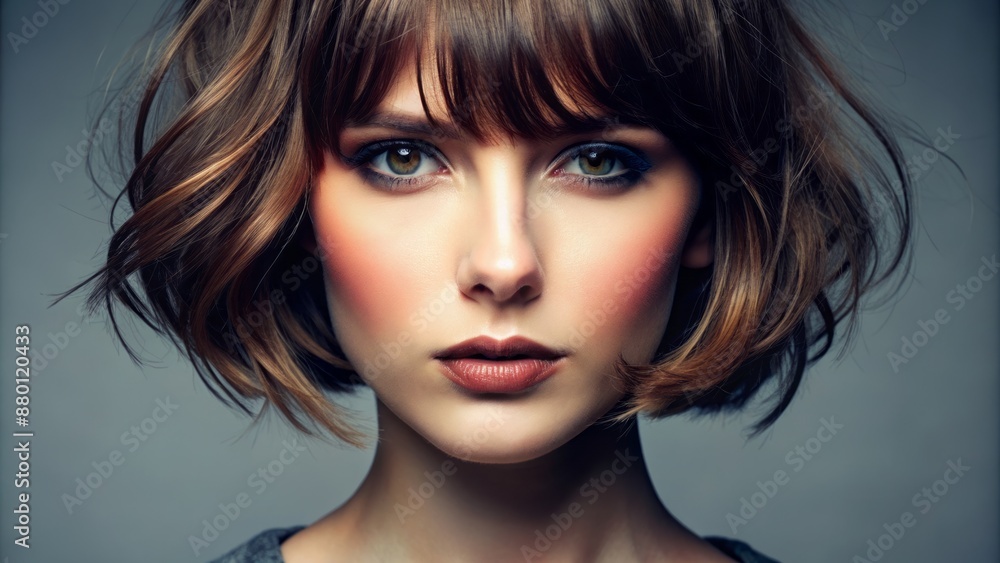 Fototapeta premium Close-up of a woman with a choppy bob and side bangs.